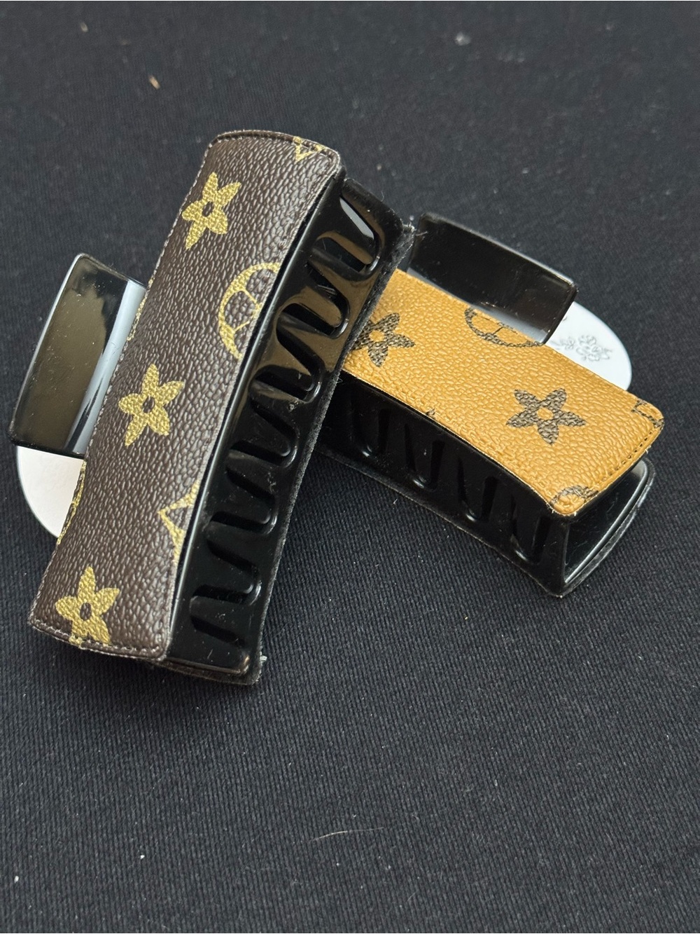 NWT Faux Leather Monogram Hair Claw Clip Pair Dark Brown & Camel/Tan